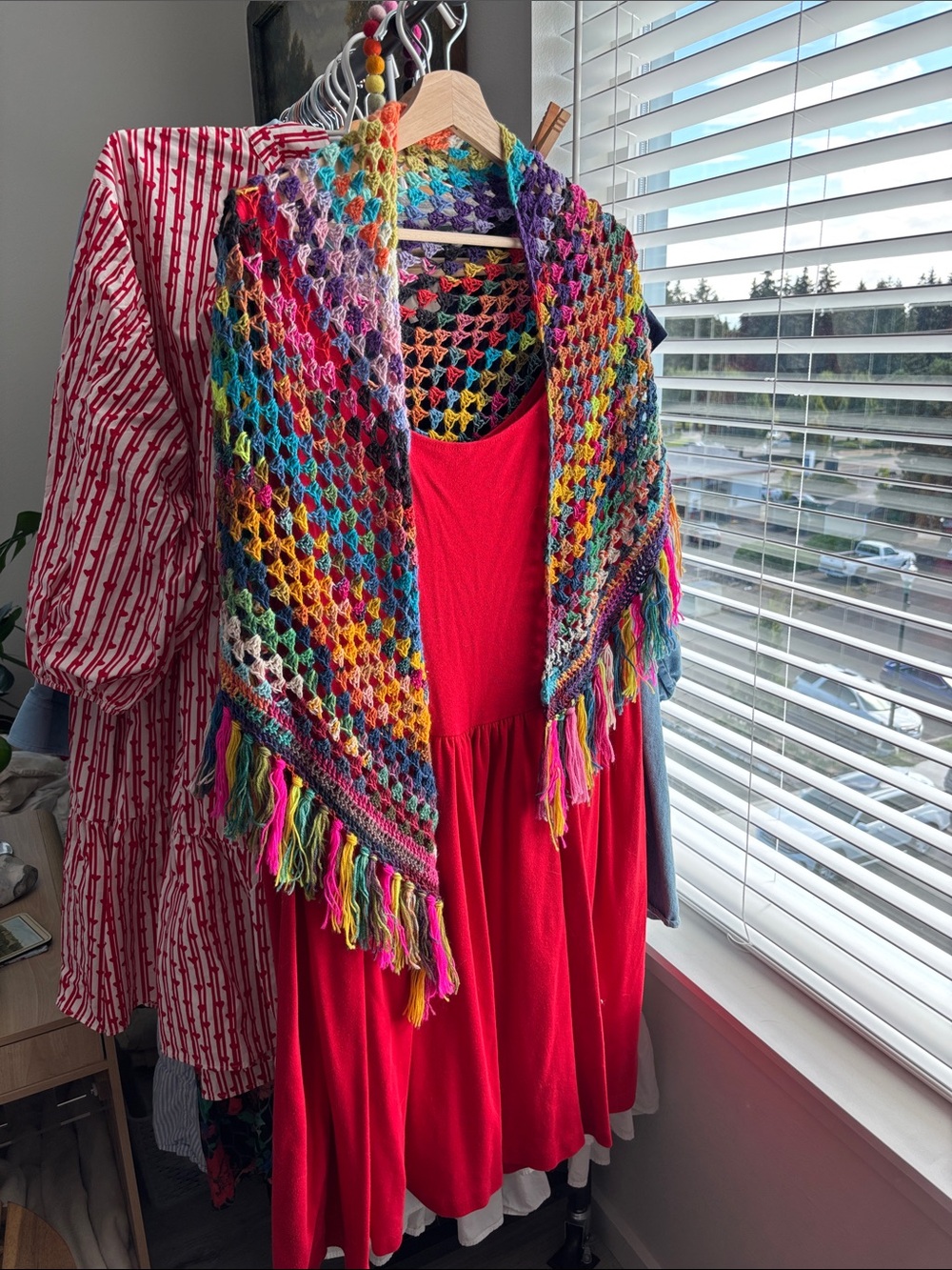 Bright Hand Crocheted Triangle Shaw